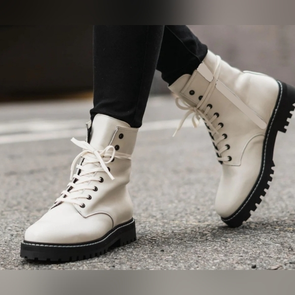 Edgy Chic Steve Madden Rhinestone Embellished Bone Leather Combat Boots - Picture 5 of 7